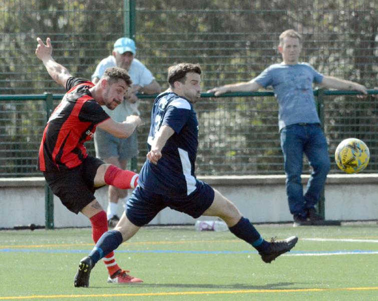 Jerome Mansbridge puts in a cross for Tenby at Pembrokeshire Sports Village
